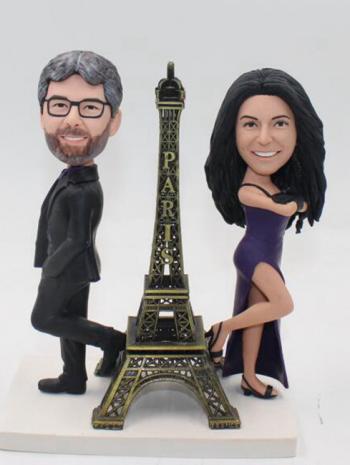 Wedding bobbleheads cake topper with Eiffel Tower