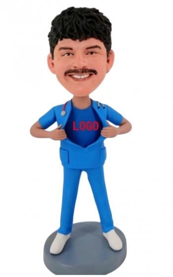 Custom Male Nurse/Doctor Bobblehead in Blue Scrubs with logo