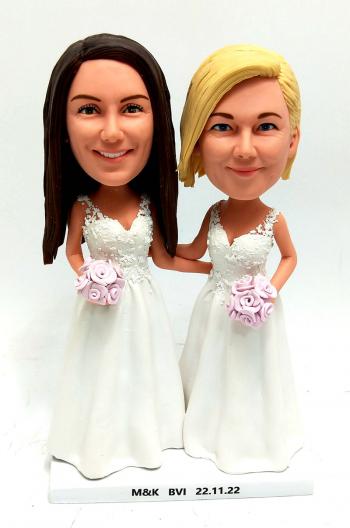 Lesbian same sex wedding bobblehead cake topper